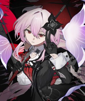 1girl chain clothing_cutout commentary dress evernight_(honkai:_star_rail) evey_(honkai:_star_rail) flower gloves hair_between_eyes hair_flower hair_ornament hairclip highres holding holding_umbrella honkai:_star_rail honkai_(series) jellyfish layered_dress looking_at_viewer march_7th_(honkai:_star_rail) pink_hair red_eyes single_bare_shoulder sleeve_cuffs umbrella user_rkmp7345 v