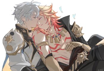 2boys antenna_hair arm_tattoo armlet armor black_choker black_coat black_shirt blonde_hair braid chest_tattoo choker clawed_gauntlets closed_eyes coat commentary earrings facial_tattoo gold_earrings gold_necklace gradient_hair highres honkai:_star_rail honkai_(series) jewelry kiss male_focus medium_hair multicolored_hair multiple_boys mydei_(honkai:_star_rail) neck_tattoo necklace open_clothes open_coat parted_bangs pauldrons phainon_(honkai:_star_rail) red_hair red_tattoo shirt short_hair shoulder_armor side_braid simple_background single_pauldron sleeping sleeping_on_person sun_symbol sun_tattoo tan tattoo white_background white_coat white_hair yaoi yohmeii