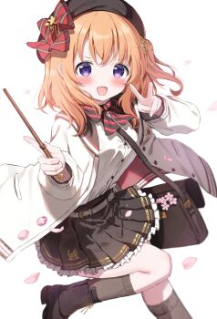 Rule 34 | 1girl, :d, bag, beret, black hat, black skirt, blush, boots, bow, bowtie, brown hair, commentary request, diagonal-striped bow, diagonal-striped bowtie, diagonal-striped clothes, falling petals, gochuumon wa usagi desu ka?, hat, hat bow, highres, holding, holding wand, hoto cocoa, jacket, kneehighs, long sleeves, looking at viewer, open clothes, open jacket, open mouth, petals, pink petals, pizzzica, pleated skirt, purple eyes, shirt, shoulder bag, skirt, smile, socks, solo, striped bow, striped bowtie, striped clothes, v, wand, white background, white jacket, white shirt