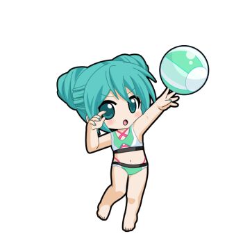 1girl :o aqua_eyes aqua_hair aqua_nails arm_up ball barefoot beachball bikini black_outline blush chibi chibi_only full_body game_asset green_bikini hair_between_eyes hand_up hatsune_miku hatsune_miku_graphy_collection jumping layered_bikini looking_at_viewer navel open_mouth outline pink_bikini solo stomach swimsuit transparent_background v-shaped_eyebrows vocaloid white_bikini