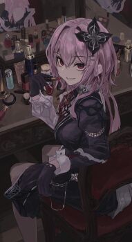 1girl absurdres applying_makeup applying_own_makeup black_gloves chair commentary_request cosmetics evernight_(honkai:_star_rail) flower from_behind gloves hair_flower hair_ornament highres holding holding_lipstick_tube honkai:_star_rail honkai_(series) indoors lipstick_tube long_hair looking_at_viewer looking_back march_7th_(honkai:_star_rail) mirror muginosa on_chair pink_hair red_eyes reflection sitting solo white_wrist_cuffs wrist_cuffs