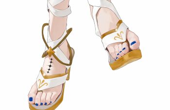 1girl blue_nails chinese_commentary commentary_request commission feet foot_focus gladiator_sandals highres iuno_(wuthering_waves) jewelry lauric_p nail_polish sandals simple_background solo tacet_mark_(wuthering_waves) toe_ring toenail_polish toenails white_background wuthering_waves