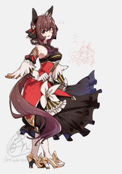 1girl animal_ears bare_shoulders braid braided_hair_rings breasts brown_hair commentary_request corset detached_sleeves ear_covers ear_ornament gentildonna_(regina_dei_fiori)_(umamusume) gentildonna_(umamusume) gloves gold_embroidery hair_between_eyes hair_ornament hair_rings heart-shaped_ornament heart_ear_ornament highres horse_ears horse_girl horse_tail large_breasts long_hair looking_at_viewer red_corset red_eyes see-through_cleavage see-through_clothes smile solo strong tail takatsuki_nato umamusume white_gloves