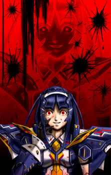 1girl android armor black_hair blood blood_on_clothes blood_on_face blood_splatter blood_stain breasts crazy crazy_eyes crazy_smile different_zoom_layer hand_on_own_face hand_up ionia_series joints lisa_(pso2) long_hair looking_at_viewer medium_breasts metal_hair parted_lips phantasy_star phantasy_star_online_2 projected_inset red_background red_eyes robot_joints shoulder_armor sidelocks smile solo straight-on sushi_(sashimise)