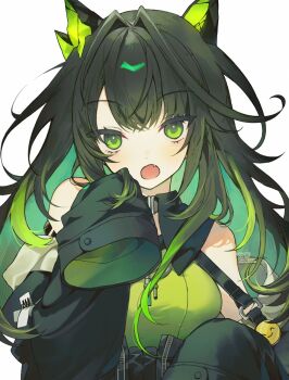 1girl ahoge antenna_hair arknights bare_shoulders black_collar black_hair black_jacket blush breasts collar colored_inner_hair commentary crossed_bangs crystal_horns dalrye_v3 detached_collar dress emoji fang gradient_hair green_dress green_eyes green_hair hand_up highres horns huge_ahoge jacket long_hair long_sleeves looking_at_viewer material_growth medium_breasts mon3tr_(arknights) multicolored_hair off_shoulder open_mouth oripathy_lesion_(arknights) sidelocks simple_background sleeveless sleeveless_dress sleeves_past_fingers sleeves_past_wrists solo stethoscope stethoscope_around_neck twitter_username two-tone_hair upper_body watermark white_background