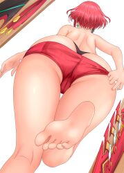 Rule 34 | 1girl, absurdres, aegis sword (xenoblade), ass, ass focus, backboob, barefoot, breasts, dangle earrings, drop earrings, earrings, feet, feichu keju, foot focus, foreshortening, from below, highres, huge ass, jewelry, no shoes, pyra (xenoblade), red hair, red shorts, short hair, short shorts, shorts, soles, solo, toes, topless, undressing, xenoblade chronicles (series), xenoblade chronicles 2