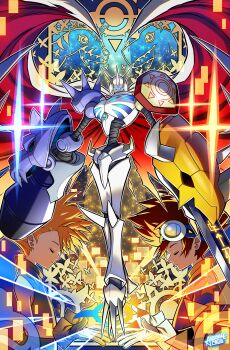 Rule 34 | 3boys, absurdres, agumon, akamine naoki, arm blade, arm cannon, bilingual commentary, blonde hair, brown hair, cape, closed eyes, closed mouth, commentary, digimoji, digimon, digimon (creature), digimon adventure, digimon crest, digimon day, english commentary, evolutionary line, from side, gabumon, gloves, goggles, goggles on head, headband, highres, ishida yamato, male focus, medium hair, mixed-language commentary, multiple boys, omegamon, sketch, sparkle, star (symbol), star print, sword, weapon, wing cape, yagami taichi