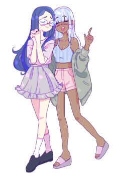 2girls alternate_costume black_shoes blue_hair blue_nails blue_skirt blunt_bangs blush breasts cleavage closed_eyes closed_mouth collarbone commentary danganronpa_(series) danganronpa_v3:_killing_harmony dark-skinned_female dark_skin dykemaki earrings english_commentary eyelashes fingernails full_body glasses grey_jacket grey_sandals hair_down heart heart_earrings highres index_finger_raised jacket jewelry long_hair midriff multiple_girls nail_polish navel off_shoulder open_mouth own_hands_together pink_shirt pink_shorts round_eyewear sandals shirogane_tsumugi shirt shoes short_sleeves shorts simple_background skirt smile socks standing striped_tank_top tank_top teeth third-party_source upper_teeth_only white_background white_hair white_socks yonaga_angie yuri