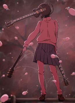 1girl absurdres bocchi_the_rock! brown_shoes chainsaw_man commentary full_body gotoh_hitori grey_skirt guitar highres instrument jacket loafers long_sleeves mayo_(oekaki_bibbi) object_head pants pants_under_skirt parody pink_jacket pink_pants pleated_skirt shoes skirt solo standing track_jacket