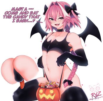 1boy absurdres ass astolfo_(fate) black_gloves black_socks black_thighhighs blush braid braided_ponytail choker covered_erect_nipples elbow_gloves english_text facing_viewer fang fate/apocrypha fate_(series) flaccid gloves halloween highres male_focus matching_hair/eyes panties panty_pull penis penis_in_panties pink_eyes pink_hair presenting pumpkin ryz_ryz simple_background skin_fang socks testicles thighhighs thighs thong trap underwear white_background yaoi
