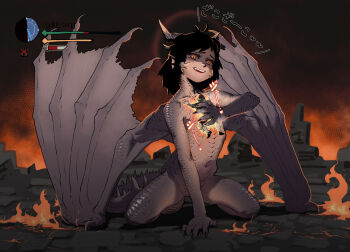 Rule 34 | 1boy, 1girl, black hair, commentary request, dragon girl, dragon tail, dragon wings, fatalis, fire, head wings, heads-up display, highres, horns, knight, monster hunter (series), sendai (nazonomono), size difference, tail, user interface, wings