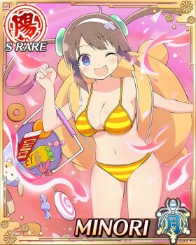 Rule 34 | 1girl, :d, animal bag, aura, bikini, blue eyes, breasts, brown hair, bucket hat, candy, card (medium), character name, cleavage, fang, food, game cg, green hair ornament, groin, hairband, hamster, hat, large breasts, long hair, minori (senran kagura), navel, official art, one eye closed, open mouth, orange bikini, oversized backpack, ring hair ornament, senran kagura, senran kagura new wave, smile, solo, swimsuit, third-party source, twintails, white hairband, yellow pupils