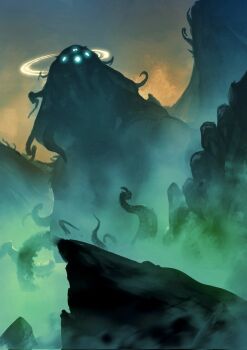 Rule 34 | cthulhu, cthulhu mythos, eldritch abomination, epic, extra eyes, fog, giant, halo, horror (theme), monster, outdoors, solo, tentacles, unfinished, wings, yaziri