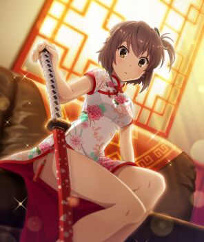 1girl bare_legs black_ribbon breasts brown_hair china_dress chinese_clothes couch dappled_sunlight dot_nose dress dutch_angle etou_kanami feet_out_of_frame floral_print floral_print_dress game_cg hair_ribbon indoors katana lens_flare looking_at_viewer medium_breasts official_art one_side_up parted_lips print_dress ribbon sheath sheathed short_sleeves sitting solo sparkle sunlight sword thighs third-party_source toji_no_miko toji_no_miko:_kizamishi_issen_no_tomoshibi weapon white_dress window yellow_eyes