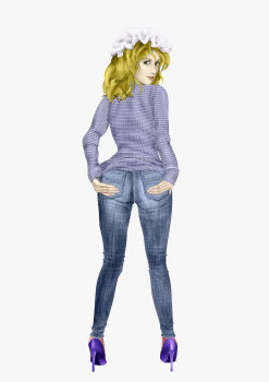 1girl blonde_hair blue_sweater clothes_pull denim from_behind hands_on_own_ass hat high_heels highres jeans kams looking_at_viewer looking_back maribel_hearn mob_cap pants purple_shoes red_thighhighs shoes short_hair simple_background smile sweater sweater_pull thighhighs touhou turtleneck turtleneck_sweater underwear white_hat yellow_eyes