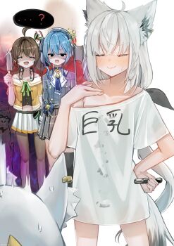 ...? absurdres ahoge animal_ear_fluff animal_ear_piercing animal_ears ascot beret black_pantyhose black_ribbon blue_ascot blue_bow blue_choker blue_hair blue_ribbon blush bow braid breast_conscious brown_hair buttons cat_hair_ornament choker closed_eyes collarbone commentary_request crown double-breasted fox_ears fox_girl fox_tail gorilla hair_ornament hair_ribbon hat highres holding holding_knife holding_marker hololive hoshimachi_suisei hoshimachi_suisei_(1st_costume) jacket knife long_hair long_sleeves low_ponytail marker medium_hair miniskirt natsuiro_matsuri natsuiro_matsuri_(1st_costume) off-shoulder_jacket off_shoulder open_mouth orange_jacket pantyhose plaid_clothes plaid_hat pleated_skirt ponytail ribbon shirakami_fubuki shirt short-sleeved_jacket short_sleeves side_braid side_ponytail skirt smile sukonbu_(shirakami_fubuki) sweat t-shirt tail translated virtual_youtuber waist_bow white_hair white_shirt white_skirt yuzuno_wagiri