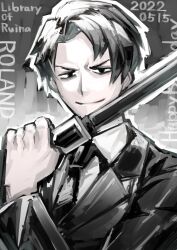 Rule 34 | 1boy, black eyes, black hair, black jacket, black necktie, closed mouth, collared shirt, dated, highres, holding, holding sword, holding weapon, jacket, library of ruina, long sleeves, looking at viewer, necktie, nyagaichi, project moon, roland (project moon), shirt, smile, solo, sword, v-shaped eyebrows, weapon, white shirt, wing collar