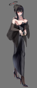 1girl absurdres bag bare_shoulders bead_necklace beads black_dress black_hair black_pantyhose black_shoes blue_archive breasts cleavage clutch_purse cold-colour commentary_request dress full_body grey_background hair_bun halo handbag high_heels highres holding holding_bag jewelry large_breasts long_hair looking_at_viewer necklace pantyhose red_eyes ringed_eyes rio_(blue_archive) shoes simple_background smile solo