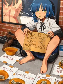1girl absurdres bakemonogatari barefoot blue_hair bocchi_the_rock! bottle bowl brick_wall brown_shoes commentary english_text feet highres holding homeless khyle. loafers looking_at_viewer money monogatari_(series) pocari_sweat sengoku_nadeko shadow shirt shoes short_hair sitting solo unworn_shoes white_shirt yamada_ryo yellow_eyes