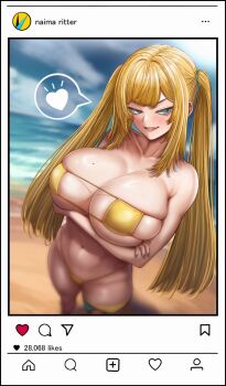 1girl 2024 arms_under_breasts asymmetrical_legwear bare_shoulders beach bikini blonde_hair blue_eyes blue_nails blurry blush breast_rest breasts bursting_breasts cloud cloudy_sky collarbone commission crossed_arms day depth_of_field eyepatch_bikini fake_phone_screenshot fake_screenshot feet_out_of_frame female_focus foreshortening from_above groin half-closed_eyes head_tilt heart highleg highres huge_breasts kyoeikyoei52906 long_hair looking_at_viewer mole mole_on_breast naughty_face navel nose_blush ocean open_mouth original perspective phantasy_star phantasy_star_online_2 sand sega side-tie_bikini_bottom sidelocks skeb_commission sky solo standing sunlight swept_bangs swimsuit thick_thighs thighs twintails v-shaped_eyebrows very_long_hair yellow_bikini