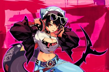 1girl adjusting_headphones alt_text alternate_costume beanie black_hair black_jacket black_tube_top blue_hat blue_pants bracelet breast_cutout breasts cleavage_cutout clothing_cutout collar colored_inner_hair commentary crop_top ellen_joe english_commentary eyewear_on_head fins fish_tail hat headphones highres jacket jewelry large_breasts looking_to_the_side midriff multicolored_hair navel necklace open_clothes outline pants pink_outline razor_blade_hair_ornament red_background red_eyes red_nails scar scar_on_tail shark_girl shark_tail shirt short_hair single_bare_shoulder slim_(sl1m_skull) solo spiked_bracelet spiked_collar spikes strapless sunglasses tail torn_clothes torn_shirt torn_tube_top tube_top white-framed_eyewear zenless_zone_zero