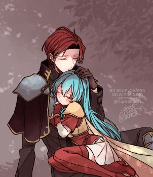 Rule 34 | 1boy, 1girl, 2025, aqua hair, armor, black capelet, black shirt, boots, breastplate, breasts, cape, capelet, closed eyes, closed mouth, commentary request, couple, eirika (fire emblem), fingerless gloves, fire emblem, fire emblem: the sacred stones, gloves, grey armor, grey background, head on chest, headpat, hetero, highres, long hair, long sleeves, nintendo, parted bangs, red boots, red gloves, red hair, red shirt, sayu030b, seth (fire emblem), shirt, short hair, short sleeves, shoulder armor, skirt, sleeping, sleeping on person, small breasts, thigh boots, thighhighs, tree shade, two-tone background, watermark, white background, white skirt, yellow armor, yellow cape, zettai ryouiki