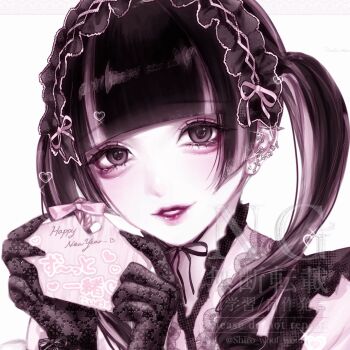Rule 34 | 1girl, aegyo sal, black eyes, black gloves, black hair, black headdress, blunt bangs, blunt ends, commentary, ear piercing, ema, gloves, hair between eyes, headdress, highres, holding, holding ema, jirai kei, lace, lace gloves, lips, long hair, looking at viewer, original, parted lips, piercing, portrait, shiro woof woof, simple background, solo, symbol-only commentary, twintails, white background