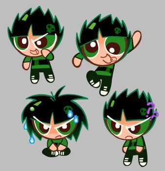 Rule 34 | 1boy, black hair, black pants, black shoes, blunt bangs, butch (ppg), confused, cookie run, cookie run: kingdom, cookie run: ovenbreak, cross-eyed, frown, green eyes, green shirt, grey background, highres, long sleeves, looking at viewer, male focus, multiple views, pants, parted bangs, playing, powerpuff girls, raised eyebrow, rowdyruff boys, shirt, shoes, sitting, smile, sneakers, solo, spiked hair, standing, thatlightbluefox, wet, wet hair, white shoes