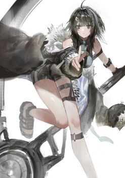 1girl arknights bare_shoulders bird_girl black_coat black_eyes black_gloves black_hair black_sandals black_shorts breasts closed_mouth coat feather_hair fingerless_gloves fur-trimmed_coat fur_trim gloves highres holding holding_scythe infection_monitor_(arknights) la_pluma_(arknights) lunifish medium_breasts platform_sandals sandals scythe short_hair short_shorts shorts simple_background single_bare_arm solo strap thigh_strap thighs weapon