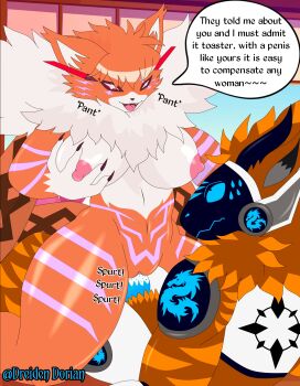 +_+ 10s 1girl absurdres breasts cum cum_in_pussy digimon digimon_adventure_tri. dreiden_dorian fangs fur_collar furry glowing_markings grabbing_own_breast hetero highres large_breasts meicrackmon_vicious_mode neon_trim nipples one_eye_closed open_mouth penis protogen pussy red_eyes sex sharp_nails tail text_focus uncensored vaginal
