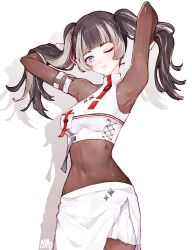Rule 34 | 1girl, black hair, blue eyes, blunt bangs, covered navel, grey hair, highres, hololive, hololive dev is, juufuutei raden, long hair, looking at viewer, ma draws, multicolored hair, one eye closed, smile, solo, streaked hair, teeth, twintails, two-tone hair, virtual youtuber