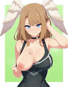 1girl absurdres ai-assisted blue_eyes border breasts brown_hair closed_mouth collarbone commentary eunie_(xenoblade) green_background guilegaze head_wings highres large_breasts looking_at_viewer medium_hair nipples one_breast_out smile solo upper_body white_border white_wings wings xenoblade_chronicles_(series) xenoblade_chronicles_3
