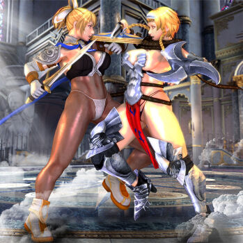 2girls 3d armor bikini_armor blonde_hair bra breastplate breasts cassandra_alexandra cloth colored_skin crossover gloves hair_bun knee_pads leg_armor legs leina leina_vance multiple_girls navel ornament panties pantyhose ponytail queen's_blade revealing_clothes shield shoes single_hair_bun soul_calibur suspenders sword thong underwear weapon white_skin zeroreyko