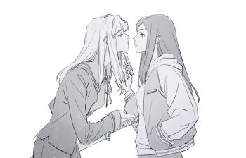 2girls closed_mouth commentary_request eye_contact fujino_shizuru greyscale gun guri_gom handgun highres holding holding_gun holding_sword holding_weapon hood hoodie jacket katana korean_commentary kuga_natsuki long_hair looking_at_another monochrome multiple_girls my-hime revolver school_uniform sword weapon