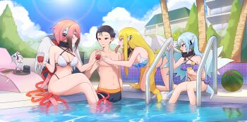1boy 3girls absurdres action_figure all_fours angel angel_wings apartment astraea_(sora_no_otoshimono) bikini black_eyes black_hair blonde_hair blue_bikini blue_eyes blue_hair breasts broken broken_chain chain cleavage closed_mouth cloud cloudy_sky collar collarbone criss-cross_straps crossed_legs cup day drinking_glass feathered_wings food food_in_mouth frilled_bikini frills front-tie_bikini_top front-tie_top fruit green_eyes hair_ribbon hand_on_another&#039;s_cheek hand_on_another&#039;s_face hetero highres holding holding_cup ikaros large_breasts lens_flare long_hair looking_at_another maikurorensu male_swimwear meat medium_breasts metal_collar multiple_girls navel notice_lines nymph_(sora_no_otoshimono) open_mouth original outdoors pink_hair pool pool_ladder poolside profile red_eyes red_ribbon ribbon robot_ears short_hair sitting sky soaking_feet sora_no_otoshimono standing string_bikini swimsuit thighs tile_wall tiles topless_male twintails very_long_hair wading water watermelon white_wings wings