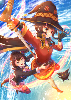 2girls absurdres asymmetrical_legwear bandaged_leg bandages belt black_cape black_gloves black_hair black_shirt boots braid brown_boots cape cat chomusuke cleavage_cutout closed_mouth clothing_cutout commentary crown_braid dress english_commentary fingerless_gloves flying full_body gloves hair_ornament hands_up hat highres holding holding_staff kono_subarashii_sekai_ni_shukufuku_wo! long_sleeves looking_at_viewer low_twintails mage_staff magic medium_hair megumin mismatched_legwear multiple_girls necktie open_mouth pink_necktie pink_skirt purple_thighhighs red_dress red_eyes shirt short_dress short_necktie skirt sky smile staff thighhighs twintails waving witch_hat yunyun_(konosuba) zephx