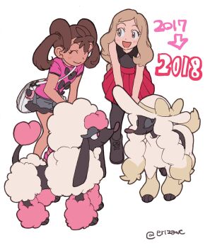 2017 2018 2girls black_footwear black_shirt black_thighhighs blonde_hair brown_eyes brown_hair closed_eyes dark-skinned_female dark_skin denim denim_shorts dog elizabeth_(tomas21) eyelashes full_body furfrou furfrou_(debutante) furfrou_(heart) gen_6_pokemon highres long_hair looking_at_another multiple_girls nintendo open_mouth pink_fur pink_shirt pokemon pokemon_(creature) pokemon_xy poodle red_eyes red_skirt serena_(pokemon) shauna_(pokemon) shirt shorts simple_background skirt sleeveless sleeveless_shirt standing thighhighs twintails white_background white_bag white_fur yellow_fur