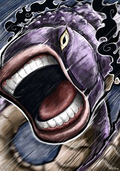 1boy alternate_form angry artist_name black_fire colored_sclera colored_skin fire highres kumo_d7 monster_boy motion_lines no_humans one_piece open_mouth purple_skin shepherd_ju_peter solo teeth tongue worm yellow_sclera