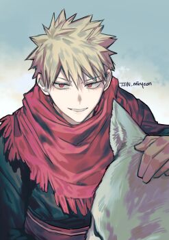 1boy absurdres bakugou_katsuki blonde_hair boku_no_hero_academia grin highres long_sleeves looking_at_viewer male_focus misa_(jjin_miryeon) petting red_eyes red_scarf scarf short_hair simple_background smile solo spiked_hair upper_body wolf