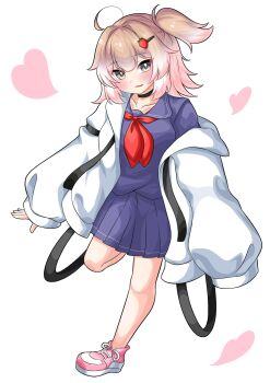 1girl ahoge black_choker black_straps blonde_hair blue_shirt blue_skirt blush choker collarbone commentary_request fang food-themed_hair_ornament gradient_hair grey_eyes hair_ornament hairpin heart highres ichigo_(g6rzs_ichigo) ichigo_(g6rzs_ichigo)_(character) jacket leg_up long_sleeves looking_at_viewer medium_hair multicolored_hair neckerchief one_side_up open_mouth original pink_shoes pleated_skirt puffy_long_sleeves puffy_sleeves red_neckerchief school_uniform serafuku shirt shoes simple_background skirt sleeves_past_wrists smile sneakers solo strawberry_hair_ornament white_background white_hair white_jacket white_shoes