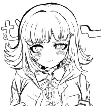 Rule 34 | 1girl, breasts, closed mouth, collared shirt, commentary request, danganronpa (series), danganronpa 2: goodbye despair, dress shirt, flipped hair, greyscale, jacket, kong (lvhx4zvqct2ewm0), large breasts, monochrome, nanami chiaki, neck ribbon, open clothes, open jacket, ribbon, shirt, simple background, solo