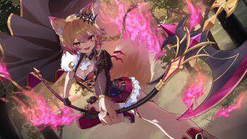 1girl animal_ear_fluff animal_ears ascot black_cape blonde_hair boots breasts cape cleavage colored_tips crescent fang fire flame-tipped_tail highres holding holding_weapon ijen_(ljenejl) indie_virtual_youtuber long_braid multicolored_hair open_mouth pink_boots pink_hair pointy_ears smile solo tail thigh_boots tree virtual_youtuber vylett_moonheart weapon white_ascot wolf_ears wolf_girl