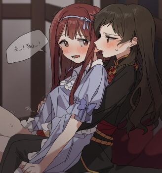 2girls absurdres black_hair blue_dress blush breasts dress ear_blush flower_hairband hairband hand_on_another&#039;s_chest hano9789 highres idolmaster idolmaster_million_live! implied_fingering kitazawa_shiho korean_text long_hair military_uniform multiple_girls red_eyes red_hair sex sex_from_behind sweatdrop tagme tanaka_kotoha tearing_up translation_request yellow_eyes yuri