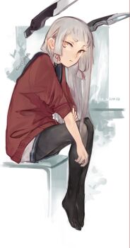 1girl aika_warazu blunt_bangs cardigan closed_mouth commentary dated_commentary dress english_text floating_headgear grey_hair hair_ribbon headgear highres kantai_collection long_hair looking_at_viewer murakumo_(kancolle) no_shoes orange_eyes pantyhose red_cardigan ribbon sailor_collar sailor_dress sidelocks simple_background sitting solo tress_ribbon twitter_username