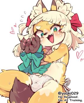 1boy animal_ear_fluff animal_ears artist_name bikini blonde_hair blush bound bound_wrists bulge commentary crossdressing crossdressing_(mtf) dog_boy dog_ears dog_tail furry furry_male green_eyes heart highres looking_at_viewer male_focus medium_hair nose_blush open_mouth original romaji_commentary side-tie_bikini_bottom simple_background solo swimsuit tail thick_eyebrows trap twitter_username two_side_up white_background white_bikini yellow_fur yuuki_(yuyuki000)