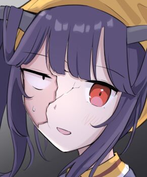 1girl blue_archive blush cracked_kawaii_mask cracked_mask demon_horns fuuka_(blue_archive) horns looking_at_viewer mismatched_eyes mosae purple_hair red_eyes smile solo sweatdrop two_side_up yellow_collar