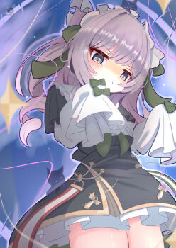 1girl :c azur_lane black_dress closed_mouth dress dress_ribbon drill_hair frilled_dress frilled_hairband frilled_sleeves frills green_hair grey_hair hair_ribbon hairband hands_up looking_at_viewer medium_hair purple_hair ribbon sakamarujp shaded_face sleeves_past_fingers sleeves_past_wrists solo swept_bangs vittorio_cuniberti_(azur_lane) white_hairband
