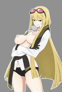 ayu_(ddestiny944) black_gloves blonde_hair breasts breasts_out chain chain_necklace collarbone crossed_arms digimon digimon_story:_cyber_sleuth_hacker&#039;s_memory gloves grey_background grin jewelry kuremi_kyouko large_breasts long_hair looking_back necklace nipples panties scarf simple_background smile thighs underwear