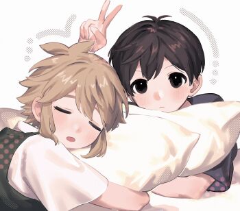 2boys :o antenna_hair arm_up basil_(faraway)_(omori) basil_(omori) black_eyes black_hair blonde_hair blush closed_eyes closed_mouth collared_shirt commentary_request double-parted_bangs expressionless frown green_sweater_vest grey_shirt hair_behind_ear hair_between_eyes highres hugging_object looking_at_viewer lying male_focus multiple_boys omori on_stomach open_mouth pillow pillow_hug shirt short_hair short_sleeves sidelocks simple_background sleeping sunny_(omori) sweater_vest tabeyu tareme u_u upper_body v very_short_hair white_background white_shirt