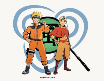 2boys aang avatar:_the_last_airbender avatar_legends bald blonde_hair blue_eyes bodysuit boots brown_boots capelet commentary crossover english_commentary facial_mark forehead_protector full_body grey_eyes hand_on_own_hip holding holding_staff jacket konohagakure_symbol looking_at_viewer male_focus multiple_boys naruto_(classic) naruto_(series) ninja open-toe_shoes orange_capelet orange_jacket orange_pants pants short_hair smile spiked_hair staff standing teeth uzumaki_naruto whisker_markings wren_(wrthreeh)